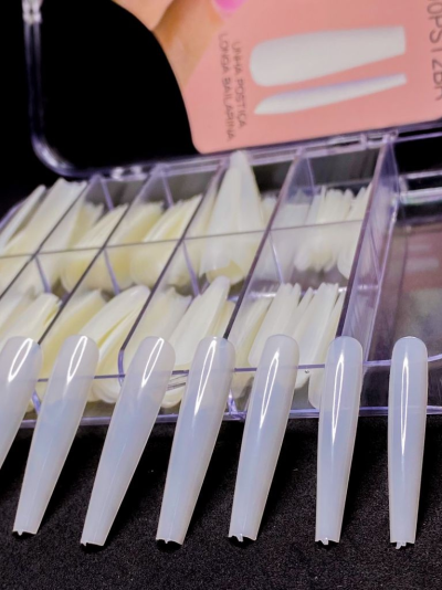 Unha Postiça Bailarina Extra Longa Transparente/Natural - 100 Unidades